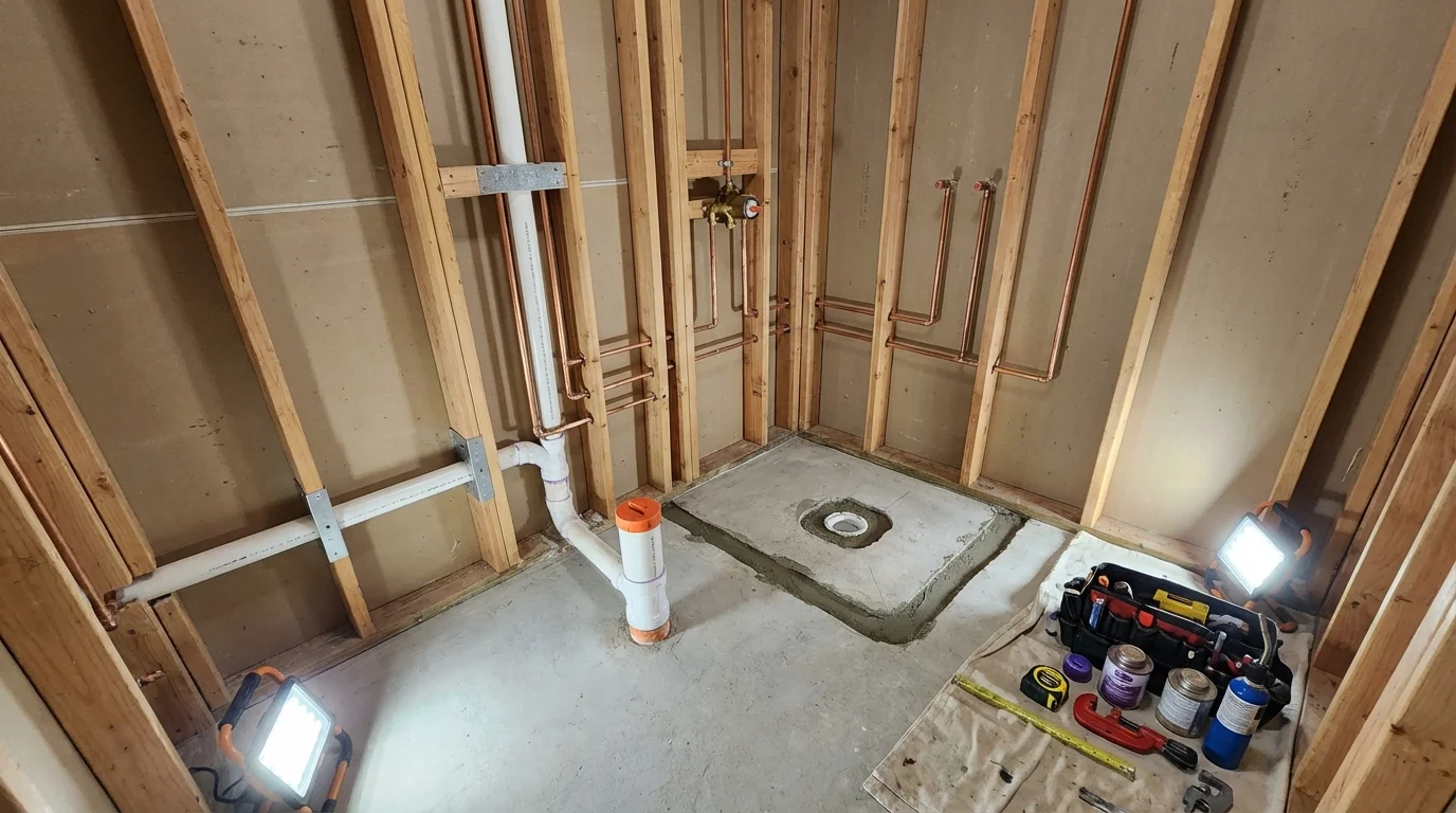 Bathroom rough-in plumbing during remodel by Johns Plumbing LLC in Seattle