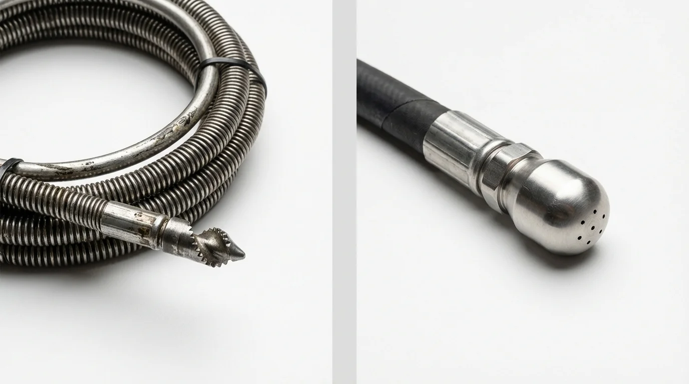 Drain snake cable and hydro jetting nozzle used for drain cleaning in Seattle, WA