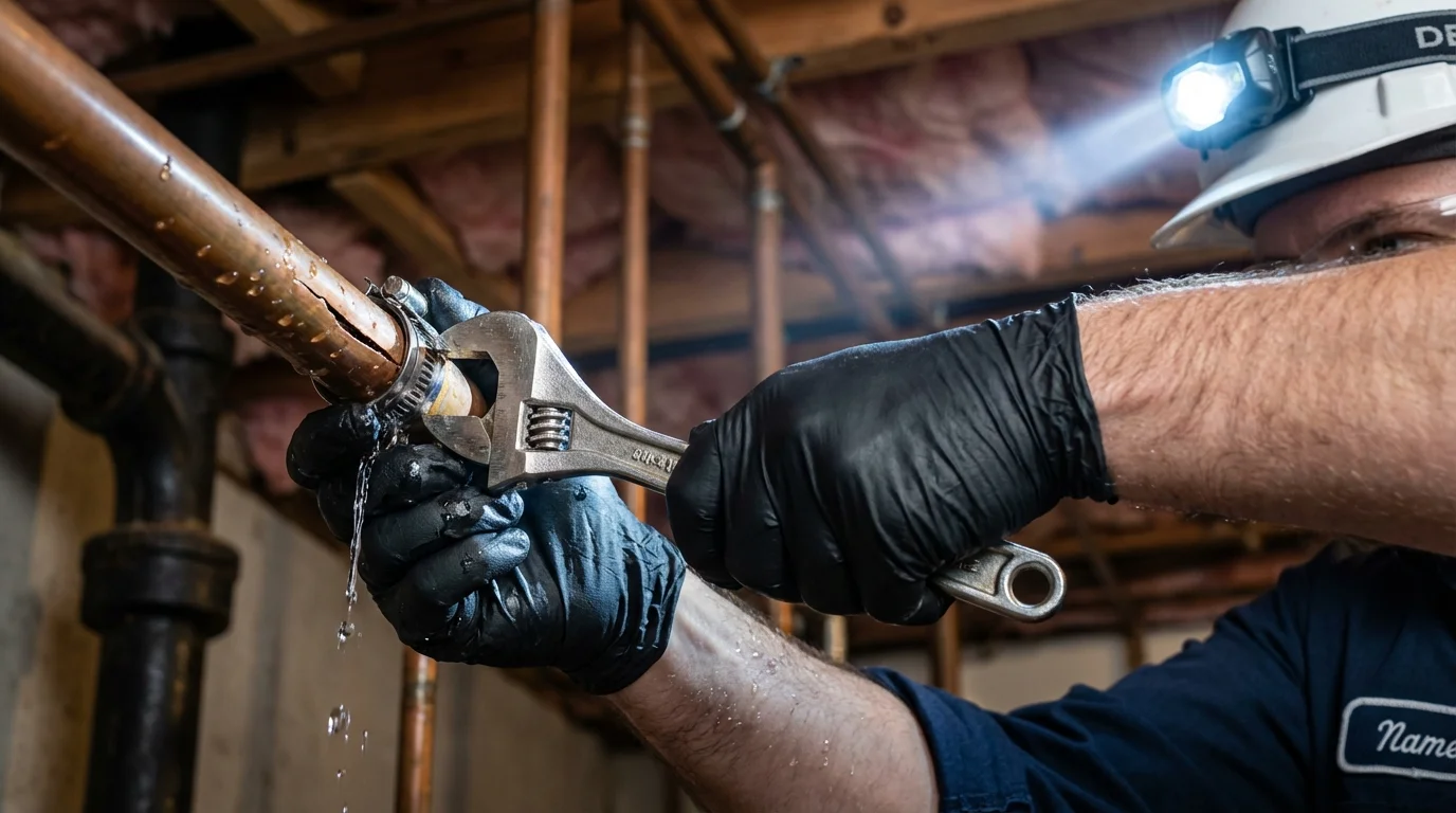 Emergency pipe clamp repair being performed by a Johns Plumbing LLC plumber in Seattle