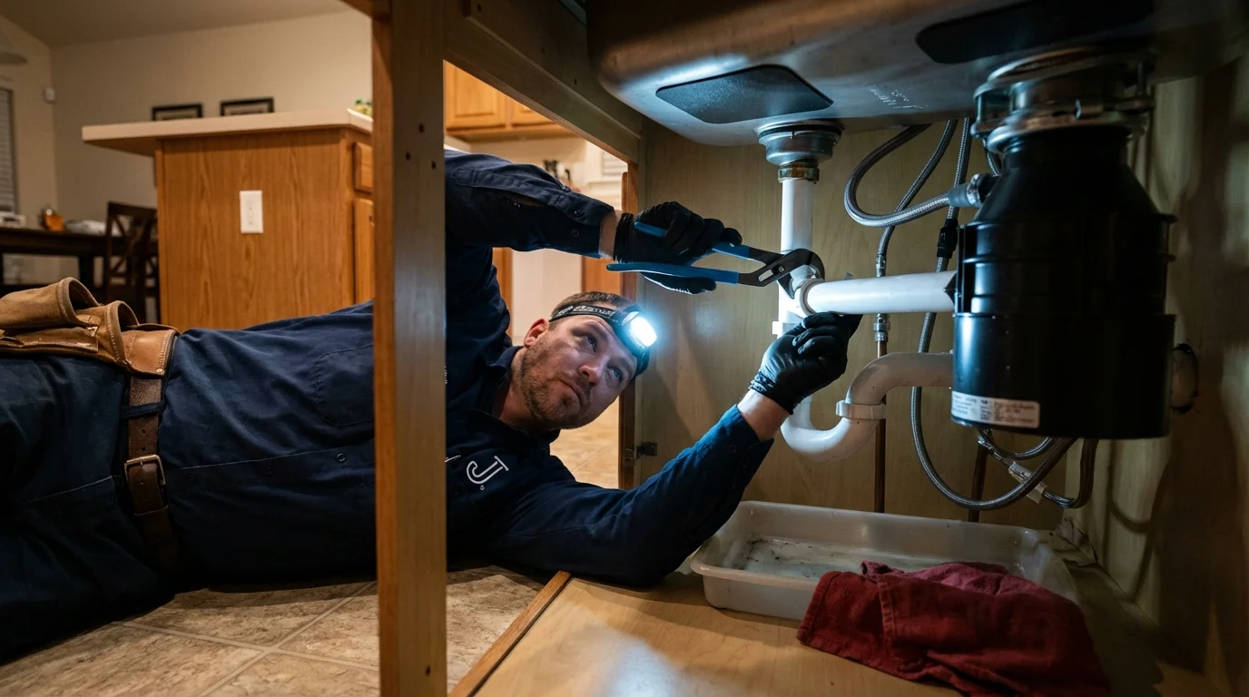 P-trap and supply line connections under a kitchen sink showing a common leak point in Seattle, WA
